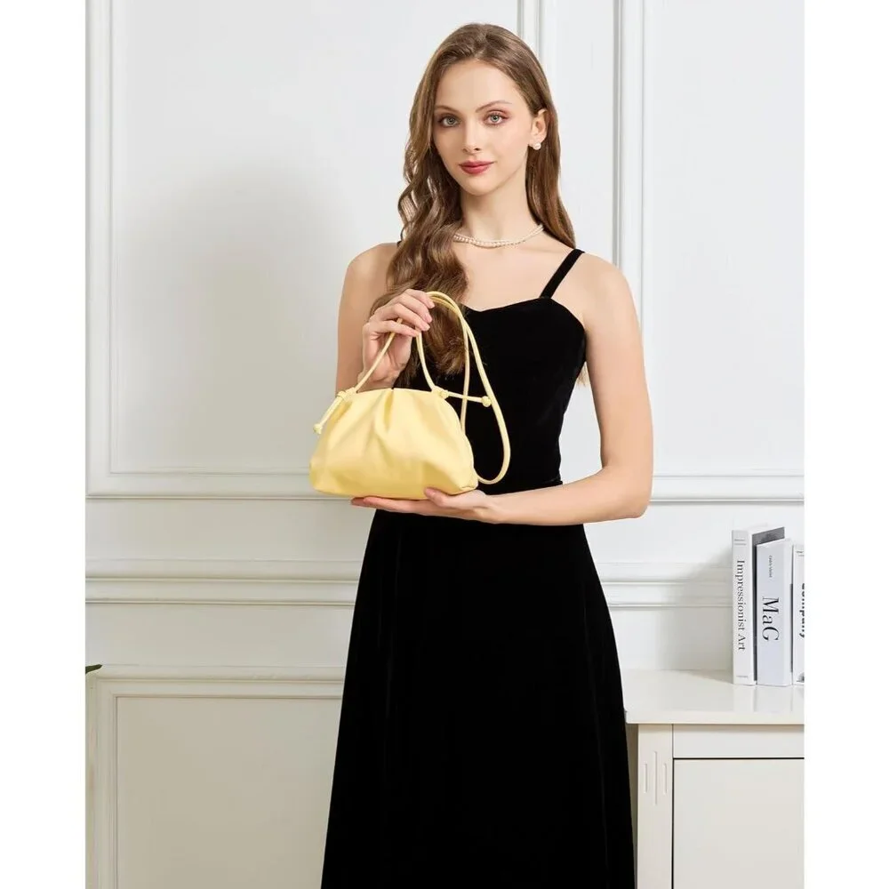 Women's Cream Yellow PU leather Elegant Dressy Pleated Cloud Super Soft Clutch